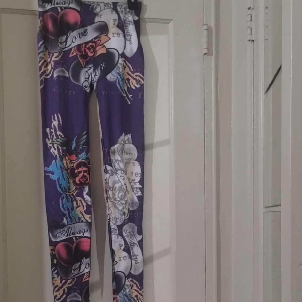 WOW couture Purple Graphic Leggings with Multicolor Tattoo Print
